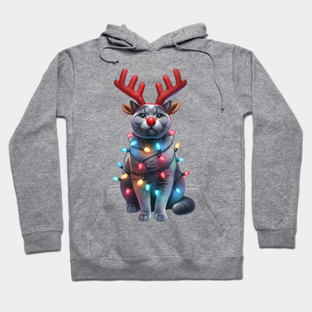 Christmas Red Nose Russian Blue Cat Hoodie by Chromatic Fusion Studio